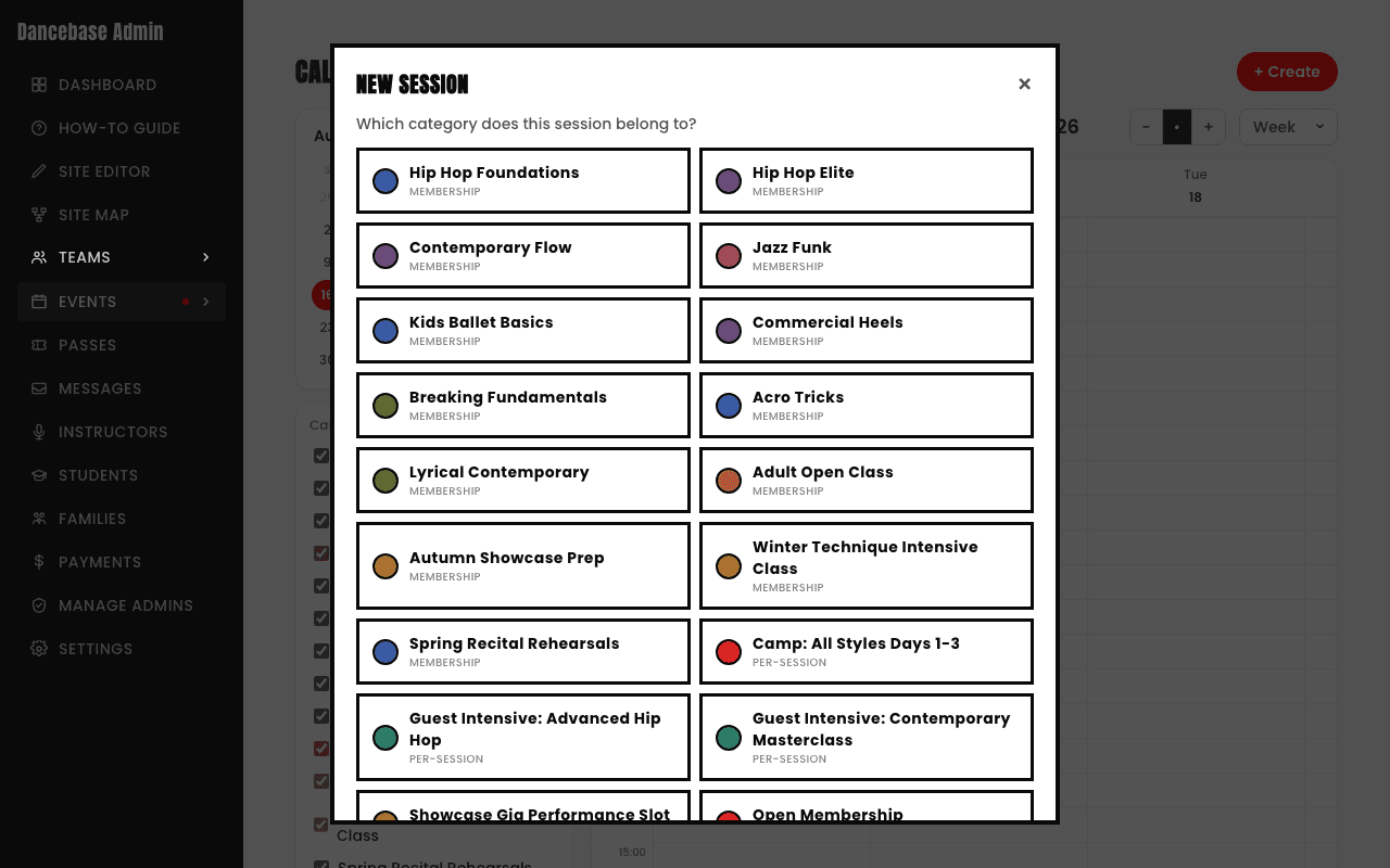 The New Session modal, showing a grid of every category as a colored card to choose from before scheduling a real class time