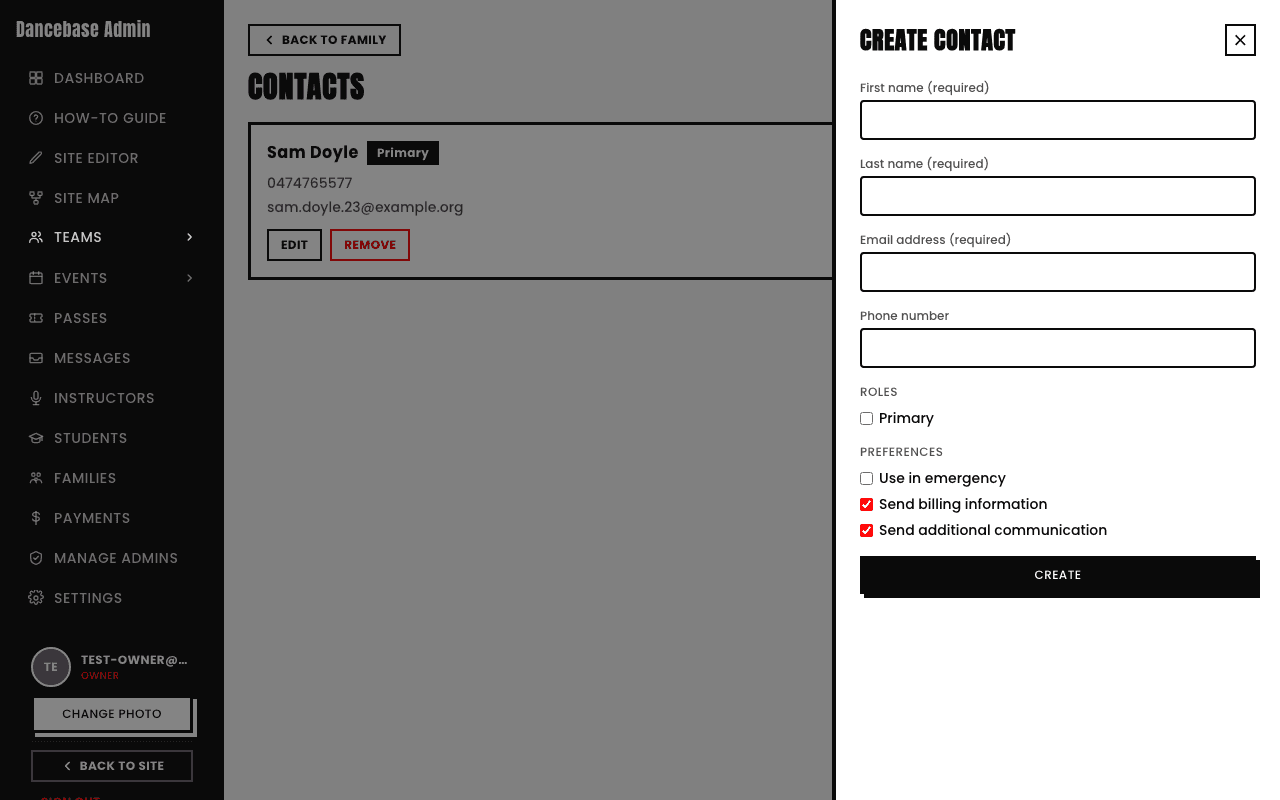 The Create Contact panel with fields for First name, Last name, Email address, Phone number, a Primary role checkbox, and preference checkboxes for Use in emergency, Send billing information, and Send additional communication