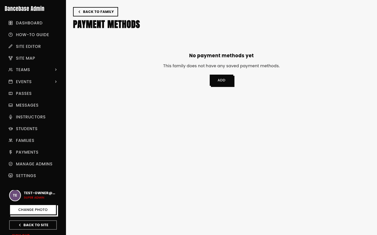 A family's Payment Methods tab in its empty state, reading 'No payment methods yet. This family does not have any saved payment methods.' with an Add button
