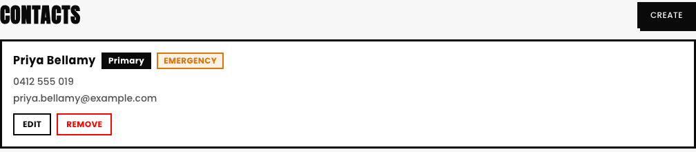 A family's Contacts page showing one contact, Priya Bellamy, tagged Primary and Emergency, with Edit and Remove buttons and a Create button top right