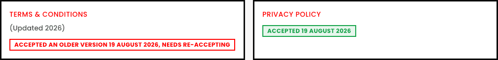 A family's Waivers & policies page showing Terms & Conditions with a green 'Accepted' status pill, Privacy Policy with a red 'Outdated, accepted an older version' pill, and a footer note reading 'Accepted from the family's own portal, not here, this page is read-only for admins.'
