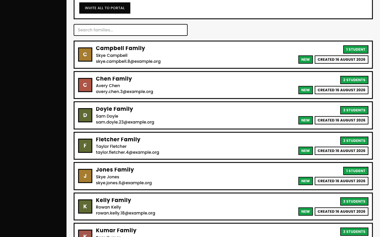 A search box and list of real families, including Campbell Family, Chen Family, Doyle Family, Fletcher Family, Jones Family, and Kelly Family, each showing their primary contact, student count, and creation date
