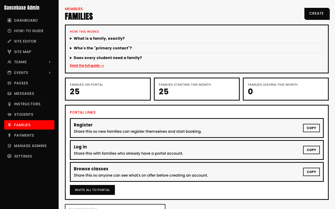 Families admin page showing real stats, 25 Families on Portal, 25 Families Starting This Month, 0 Families Leaving This Month, above the Portal Links panel