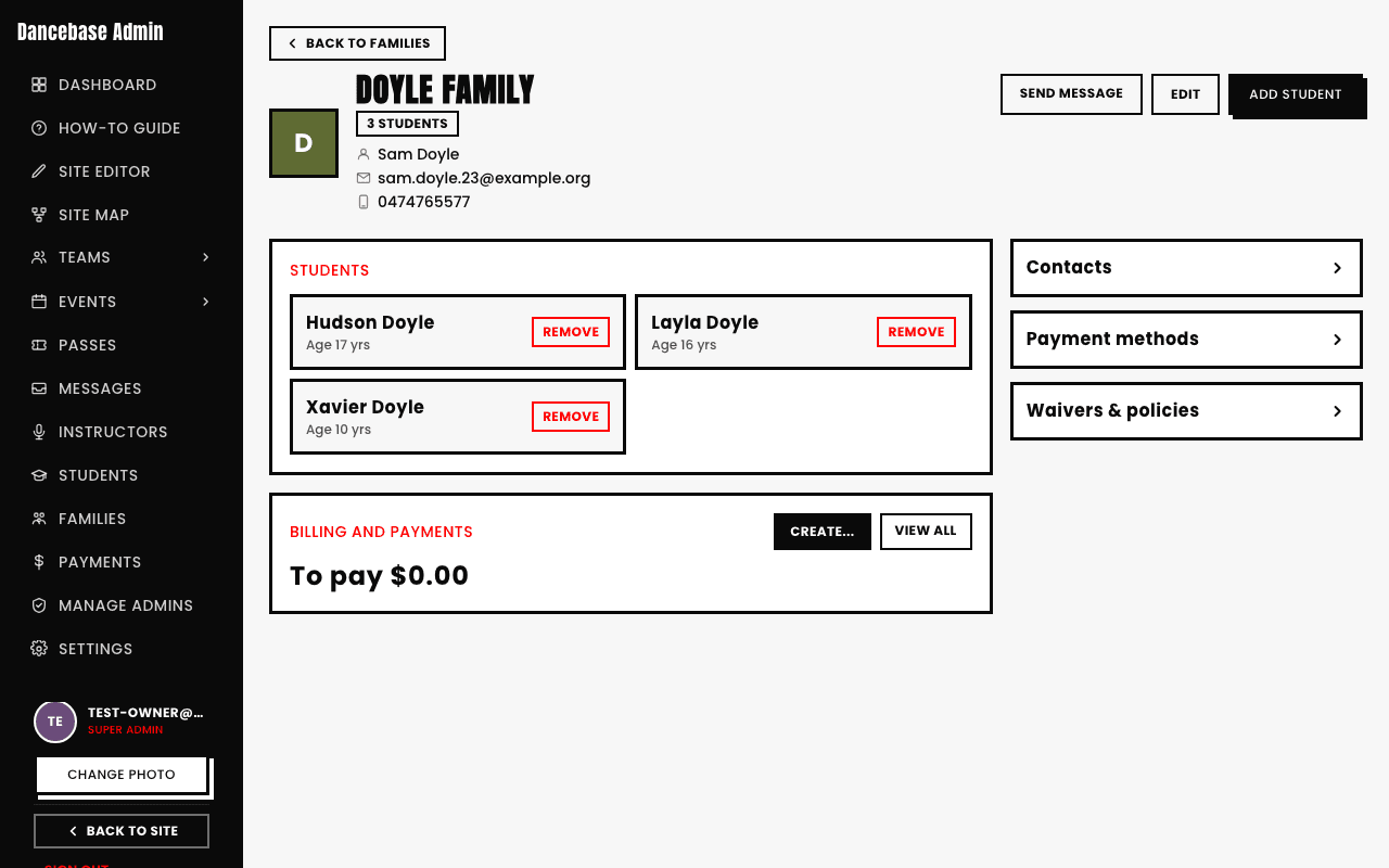 A real family's detail page, Doyle Family, with 3 students (Hudson, Layla, Xavier), a Billing and Payments panel, and Contacts, Payment methods, and Waivers & policies links