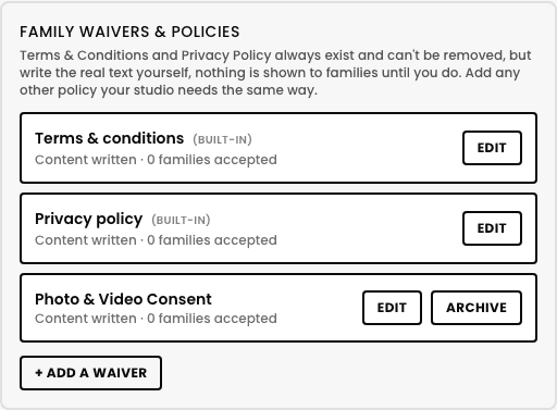 The Family waivers & policies panel on the Settings page, listing Terms & conditions (built-in), Privacy policy (built-in), and a custom Photo & Video Consent waiver, each showing 'Content written' and a real accepted-count, with Edit/Archive buttons and a + Add a waiver button below
