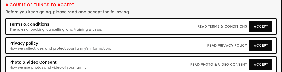 The family portal's pending-waivers card, headed 'A couple of things to accept', showing Terms & conditions, Privacy policy, and Photo & Video Consent, each with a Read link and an Accept button