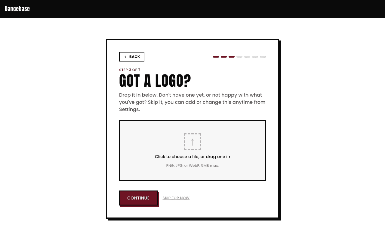 Step 3 of 7 of the signup wizard, 'Got a logo?', with a drag-and-drop upload area and Continue / Skip for now buttons