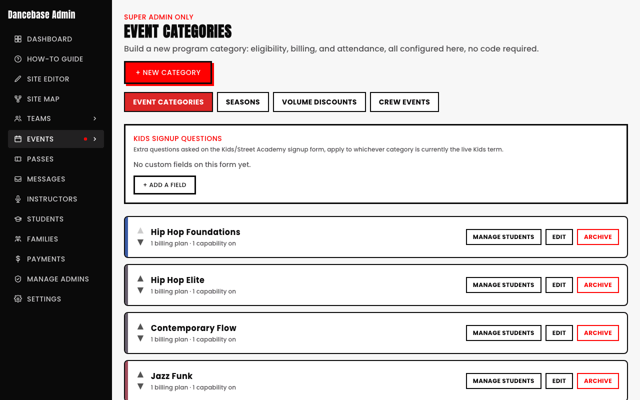The Event Categories admin page listing real categories including Hip Hop Foundations, Hip Hop Elite, Contemporary Flow, and Jazz Funk, with New Category, Manage Students, Edit, and Archive buttons