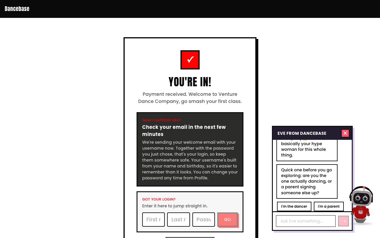 Eve's chat panel open, showing her greeting a new student and asking whether they're the one dancing or a parent signing someone else up, with two quick-reply buttons