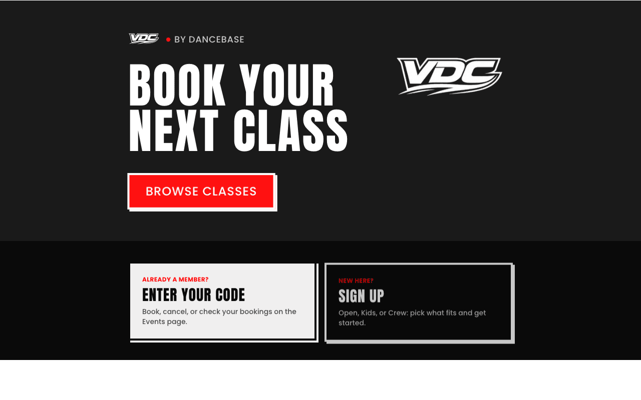 A studio's student-facing homepage with a 'Book your next class' headline, a Browse Classes button, and Enter Your Code / Sign Up cards