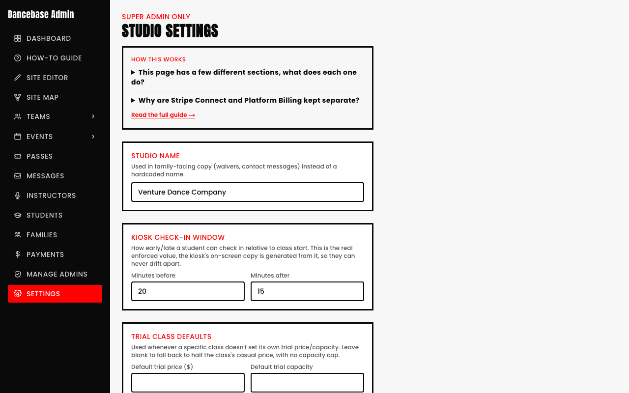 Studio Settings page showing the Kiosk Check-In Window fields, Minutes before set to 20 and Minutes after set to 15