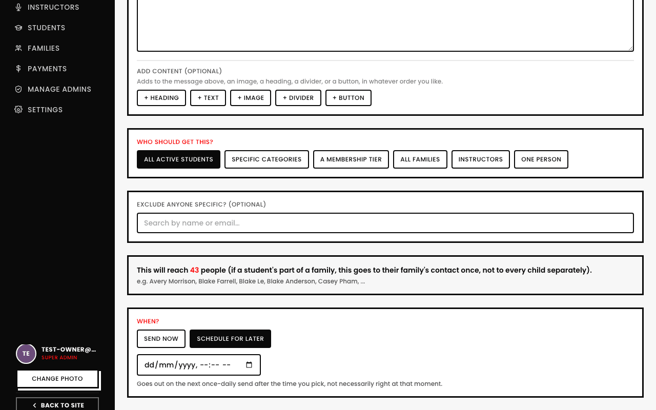 The compose screen with Schedule for Later selected, showing a date/time picker and the note 'Goes out on the next once-daily send after the time you pick, not necessarily right at that moment.'