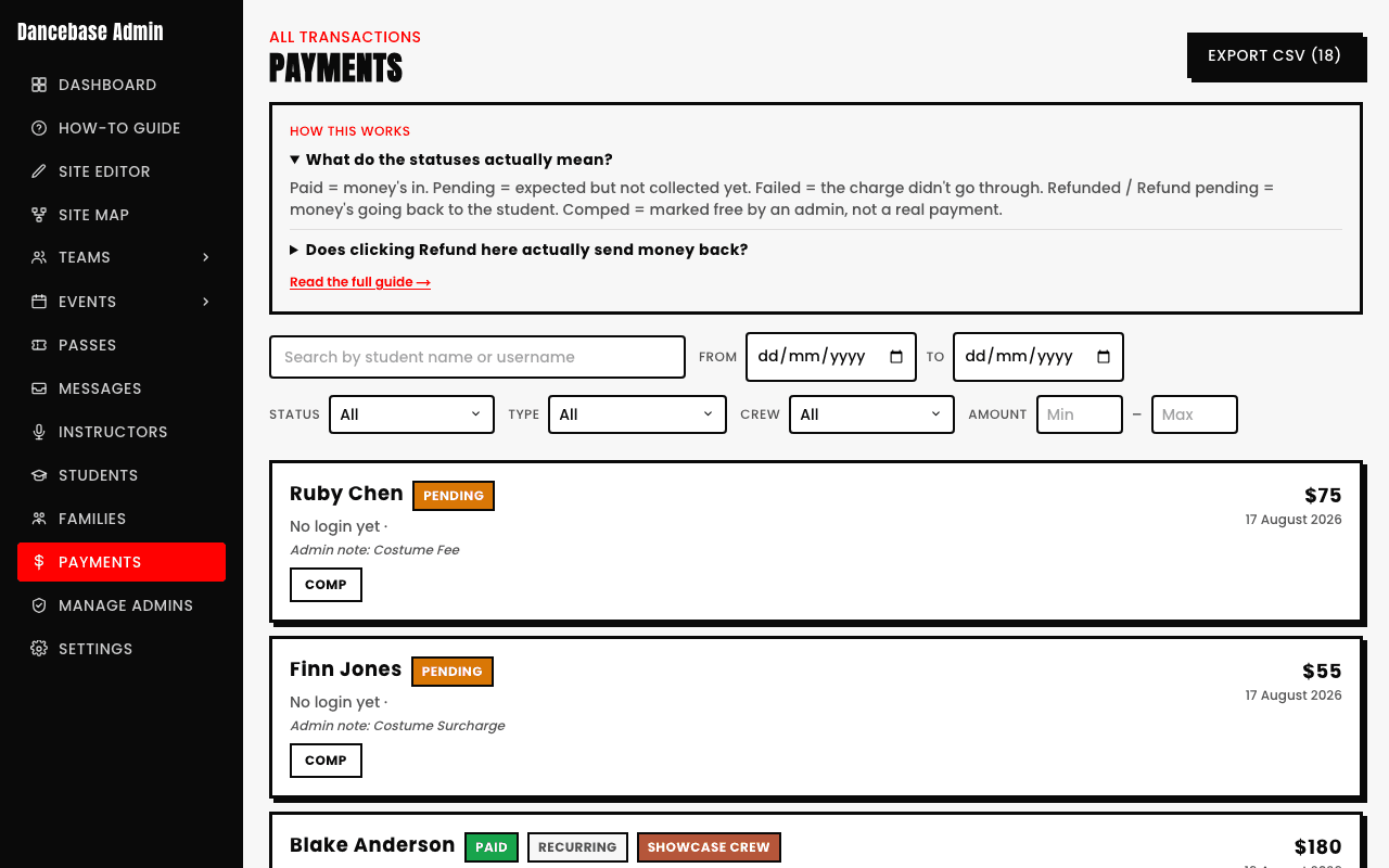 Settings help panel with the definitions expanded: 'Paid = money's in. Pending = expected but not collected yet. Failed = the charge didn't go through. Refunded / Refund pending = money's going back to the student. Comped = marked free by an admin, not a real payment.'