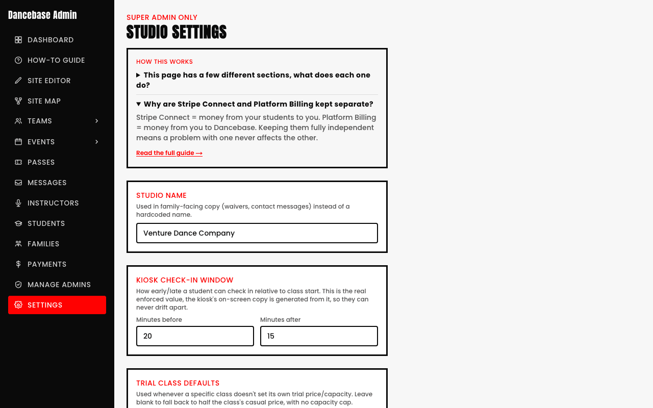 Settings help panel reading: 'Stripe Connect = money from your students to you. Platform Billing = money from you to Dancebase. Keeping them fully independent means a problem with one never affects the other.'