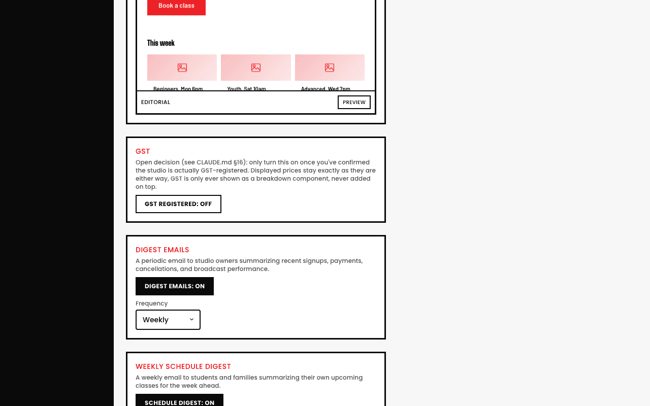 GST toggle (off by default), Digest Emails panel (a periodic admin summary email, on, weekly), and the start of Weekly Schedule Digest (a student/family email of upcoming classes)
