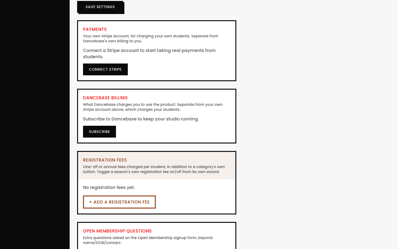 The Payments panel (Connect Stripe), Dancebase Billing panel (Subscribe), and Registration Fees panel, three separate panels stacked together