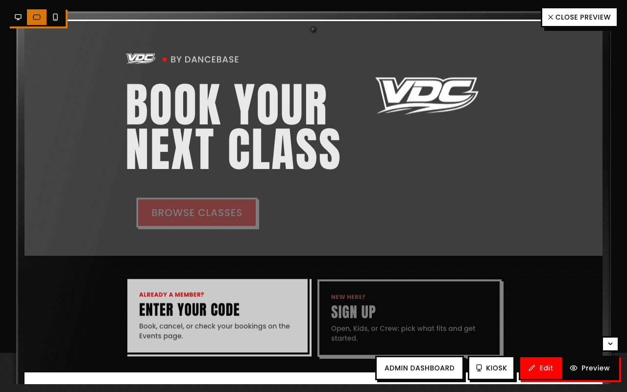 The homepage in iPad preview: content shrunk into a bounded tablet-width frame with a 'Close Preview' button top right