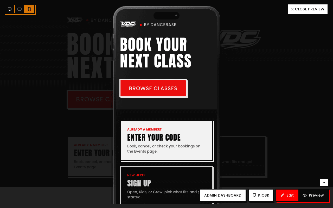 The homepage in Mobile preview: content rendered inside an actual phone-shaped frame with a notch, narrower than the iPad view