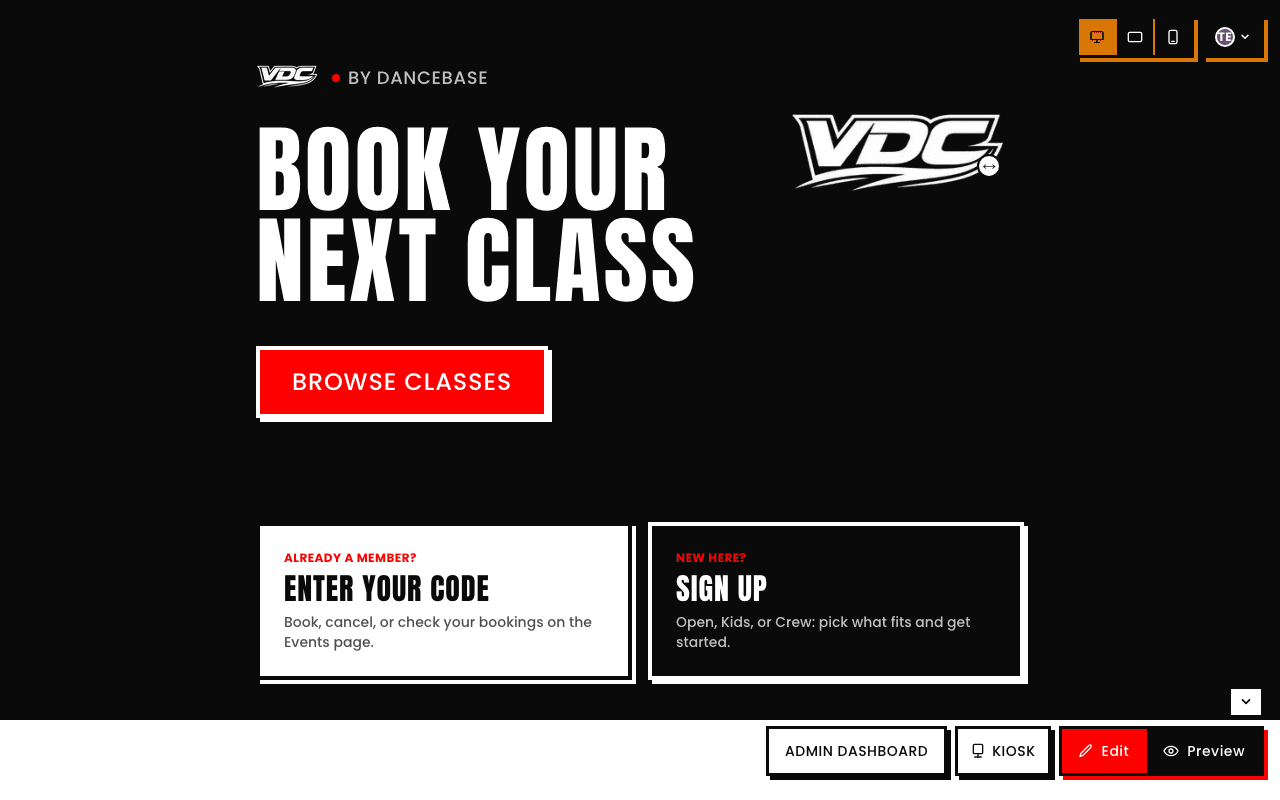 Hovering over the VDC logo on the real homepage in Edit Mode, showing a resize-handle cursor icon at the logo's corner