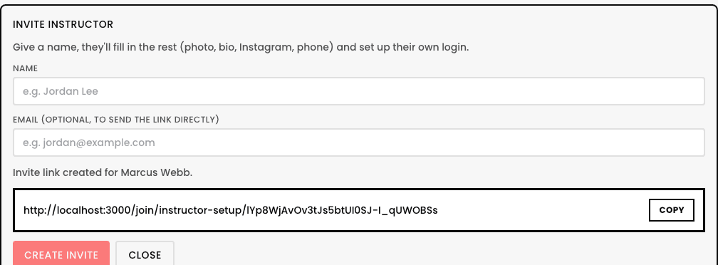Invite Instructor panel with a real invite link created for Marcus Webb, reading http://localhost:3000/join/instructor-setup/... with a Copy button