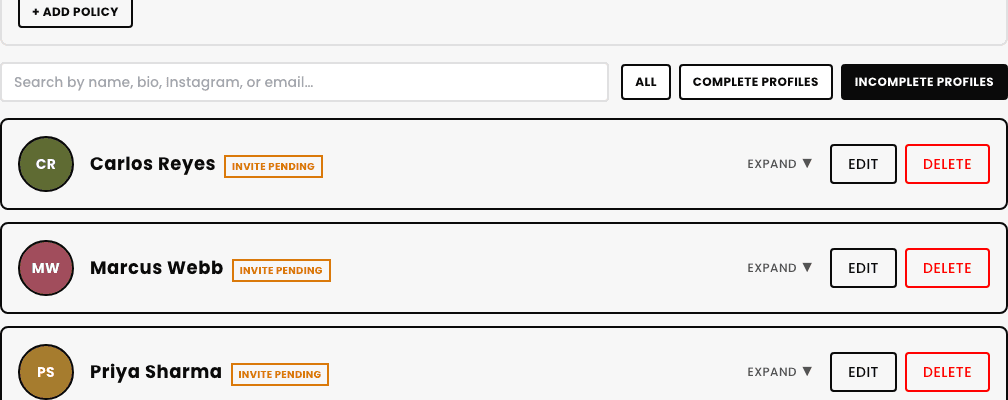 The Instructors page filtered to Incomplete profiles, showing three real instructors, Carlos Reyes, Marcus Webb, and Priya Sharma, each with an orange 'Invite Pending' badge