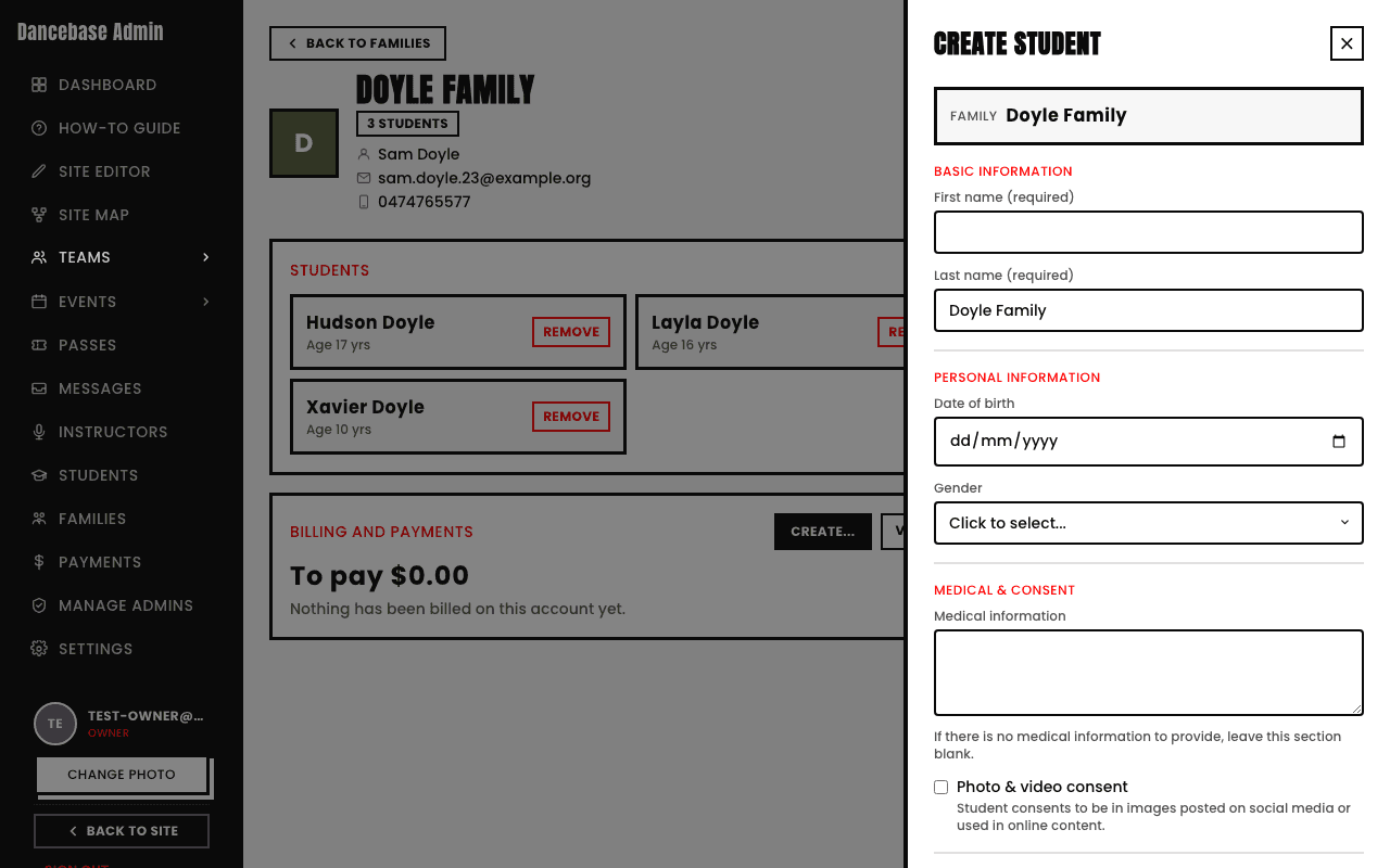 The admin-side Create Student panel, with Basic Information, Personal Information, and Medical & Consent sections, including a Photo & video consent checkbox, but no photo upload field anywhere