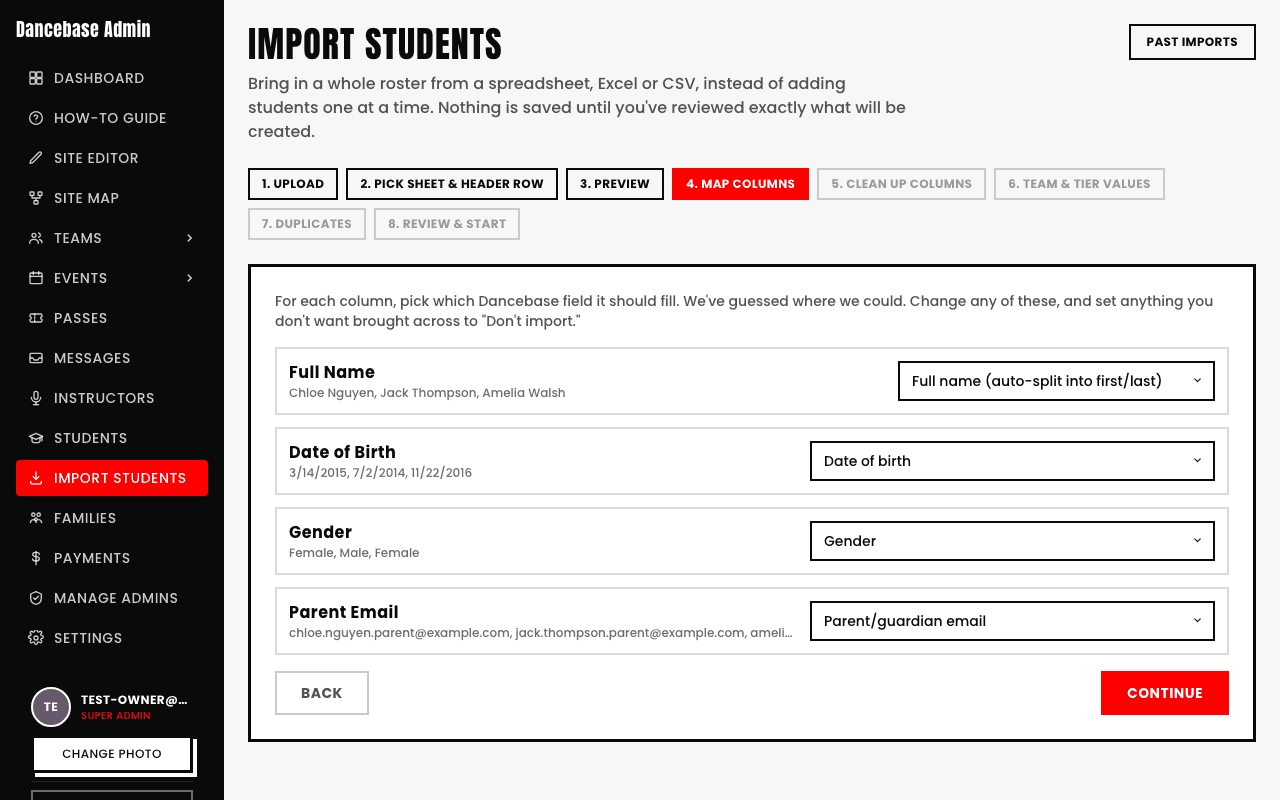 The Map Columns step of the Import Students wizard, showing a list of source spreadsheet columns each with a few sample values and a dropdown assigning it to a Dancebase field like First name, Date of birth, or Don't import