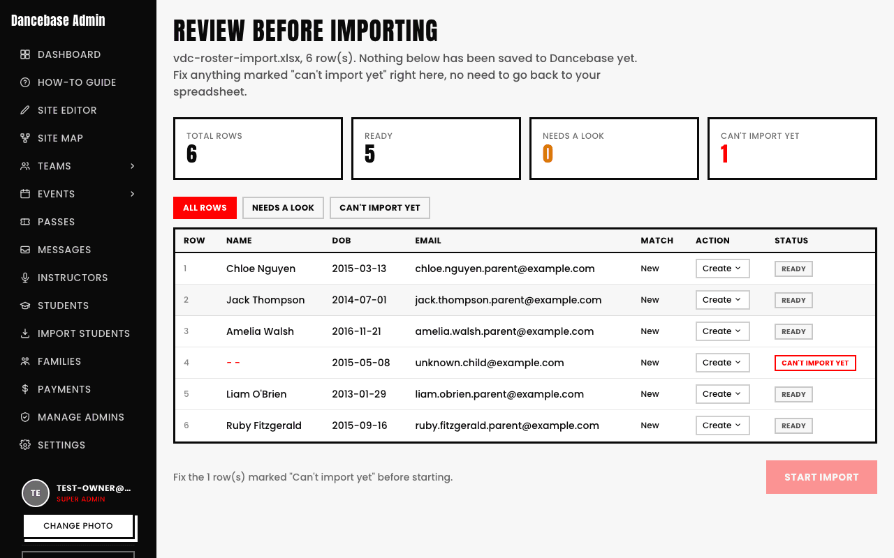 The Review table showing several rows with their name, date of birth, email, match status, and a status badge reading Ready, Needs a look, or Can't import yet