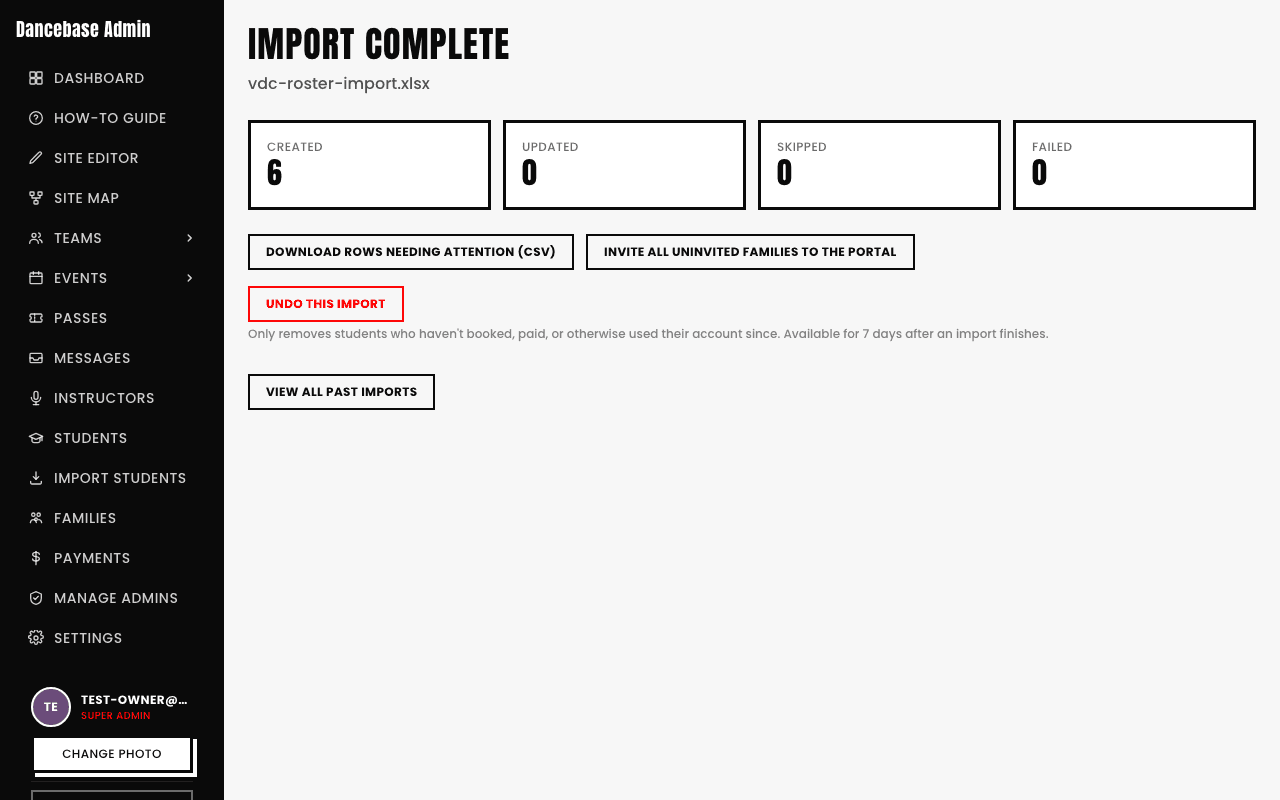 The Results page after an import, showing Created, Updated, Skipped, and Failed counts, a Download rows needing attention button, and an Undo this import button
