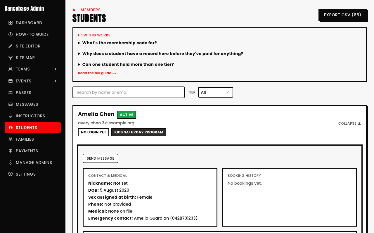 An expanded student record for Amelia Chen, showing Contact & Medical (nickname, DOB, sex assigned at birth, phone, medical, emergency contact) and an empty Booking History panel