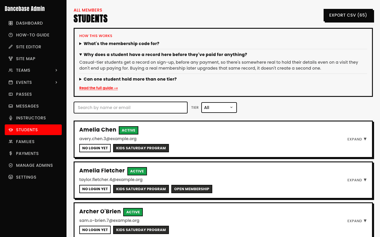 Studio Settings help panel expanded: 'Casual-tier students get a record on sign-up, before any payment, so there's somewhere real to hold their details even on a visit they don't end up paying for. Buying a real membership later upgrades that same record, it doesn't create a second one.'