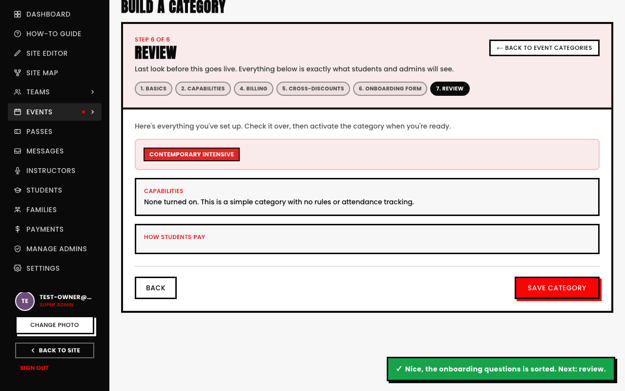 The category builder's Review step showing a full summary: capabilities, how students pay, before the Save Category button