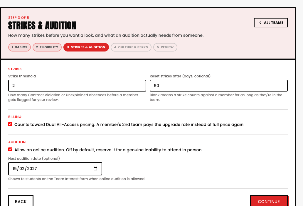 The team builder's Strikes & Audition step, showing a Strike threshold of 2 with the note 'How many Contract Violation or Unexplained absences before a member gets flagged for your review'