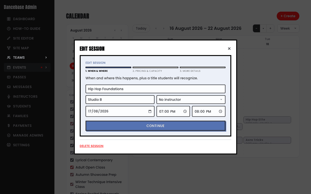 The Edit Session modal opened from the calendar, pre-filled with a real recurring session's title, venue, date, and time, with a Delete Session link at the bottom