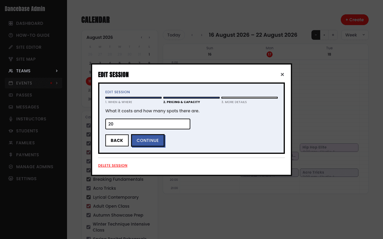 Step 2 of the Edit Session form, Pricing & Capacity, showing a capacity of 20, with Back, Continue, and Delete Session controls