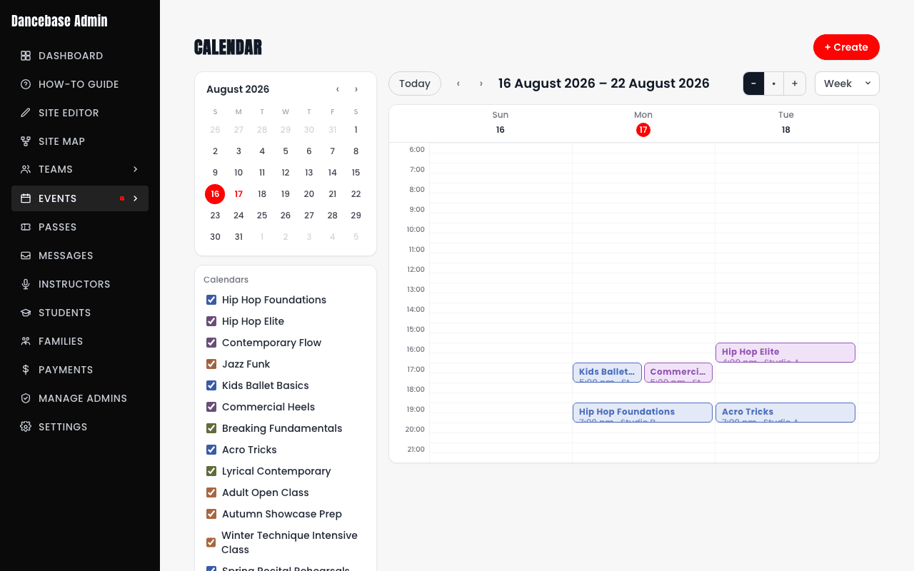 The calendar in Week view at Compact zoom density, showing several real color-coded sessions like Kids Ballet, Hip Hop Elite, Hip Hop Foundations, and Acro Tricks fitting on screen at once