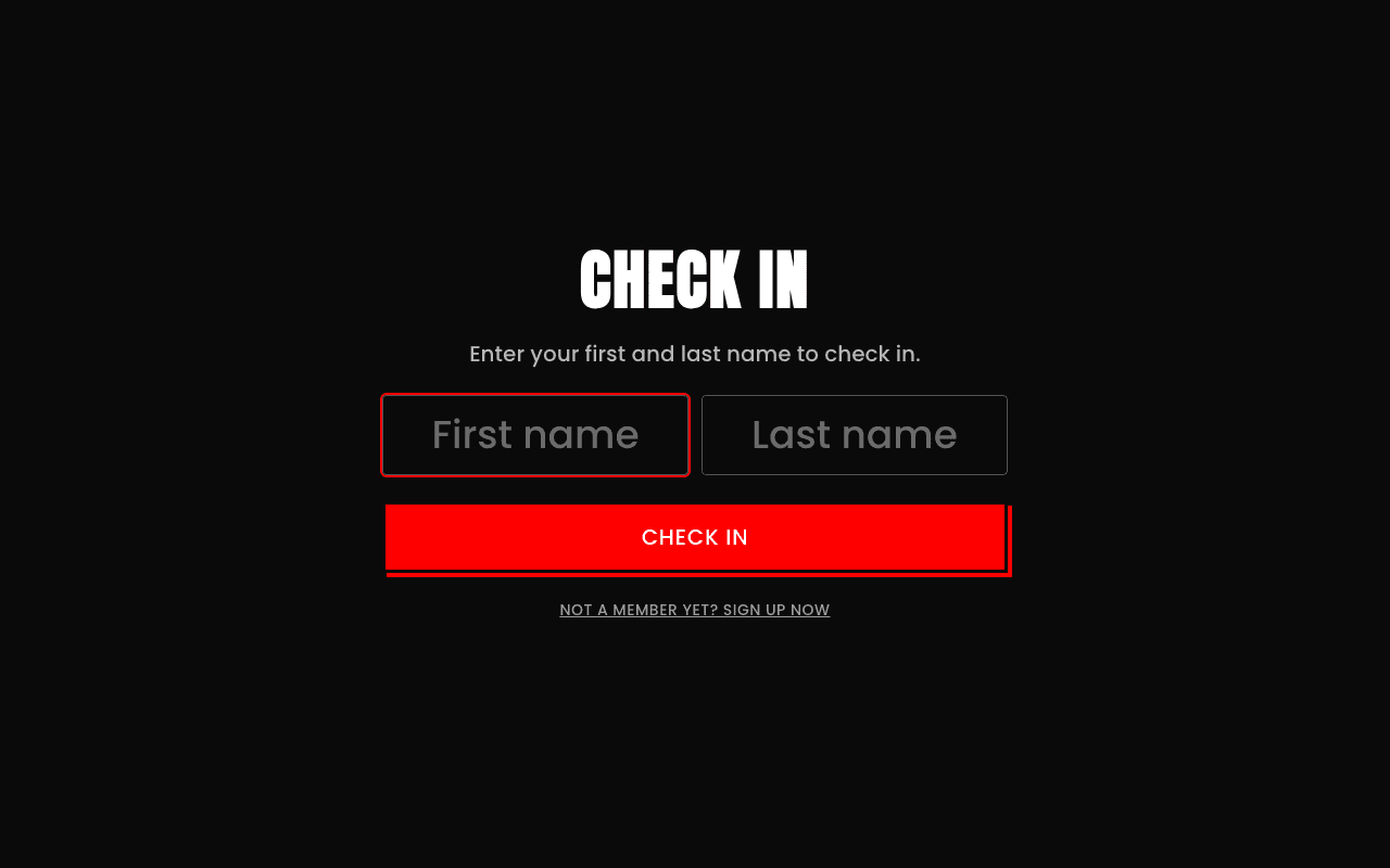 Kiosk check-in screen showing a First name and Last name field, a Check In button, and a 'Not a member yet? Sign up now' link