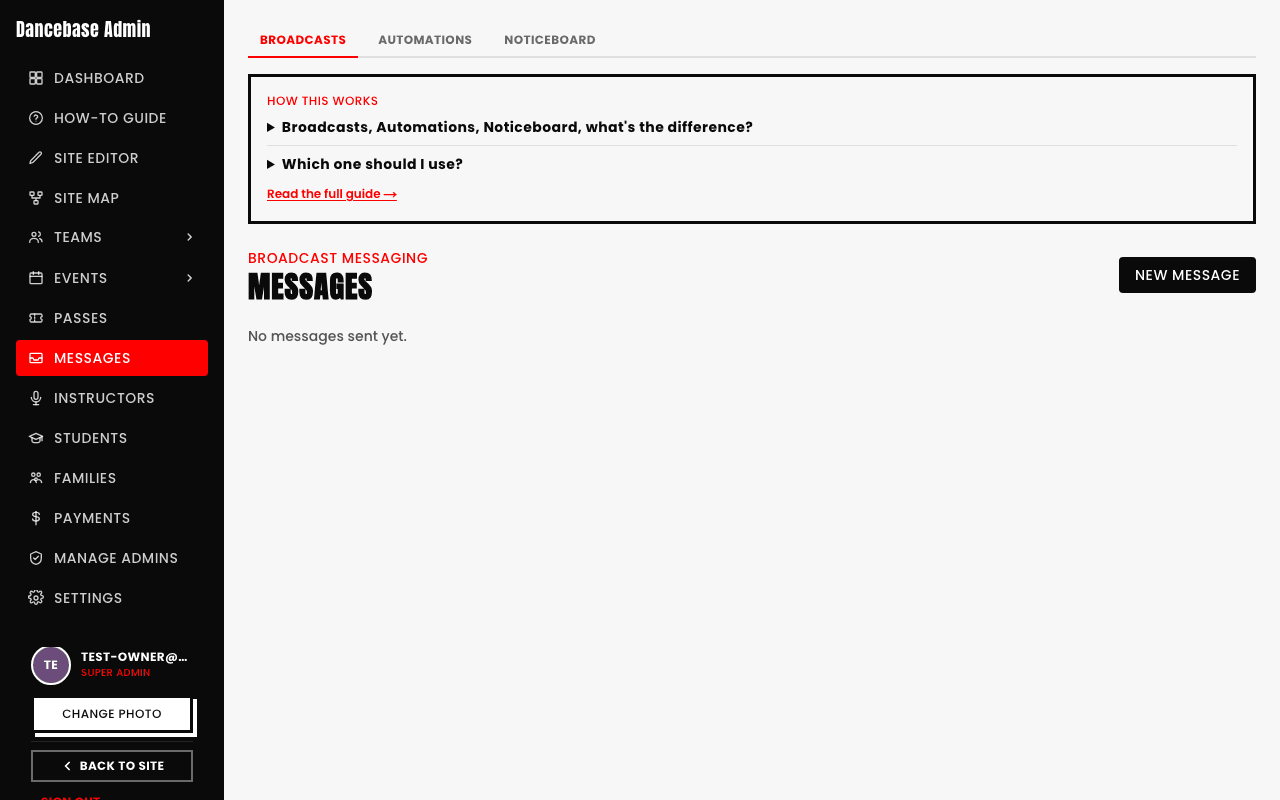 The Messages page's Broadcasts tab, showing a Broadcast Messaging header, a 'No messages sent yet' state, and a New Message button