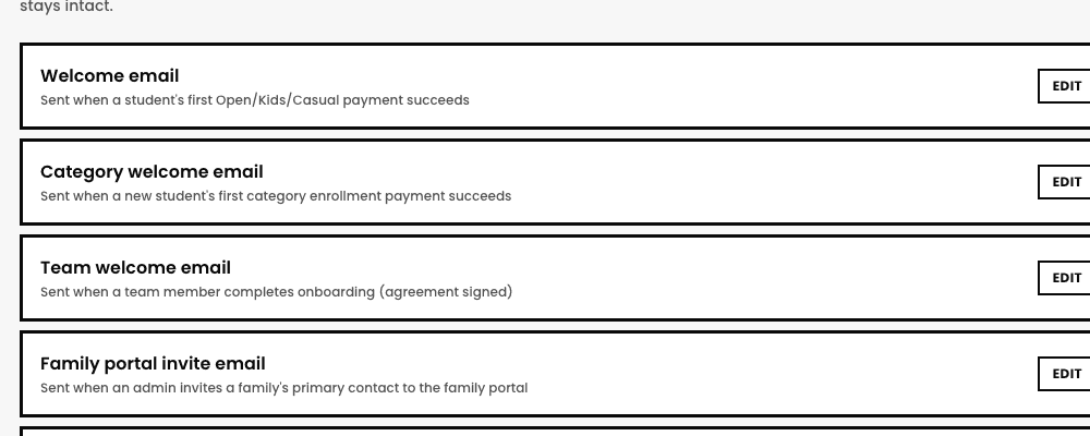 The Automations page listing real templates: Welcome email, Category welcome email, Team welcome email, Family portal invite email, and Family self-registration welcome email, each with an Edit button