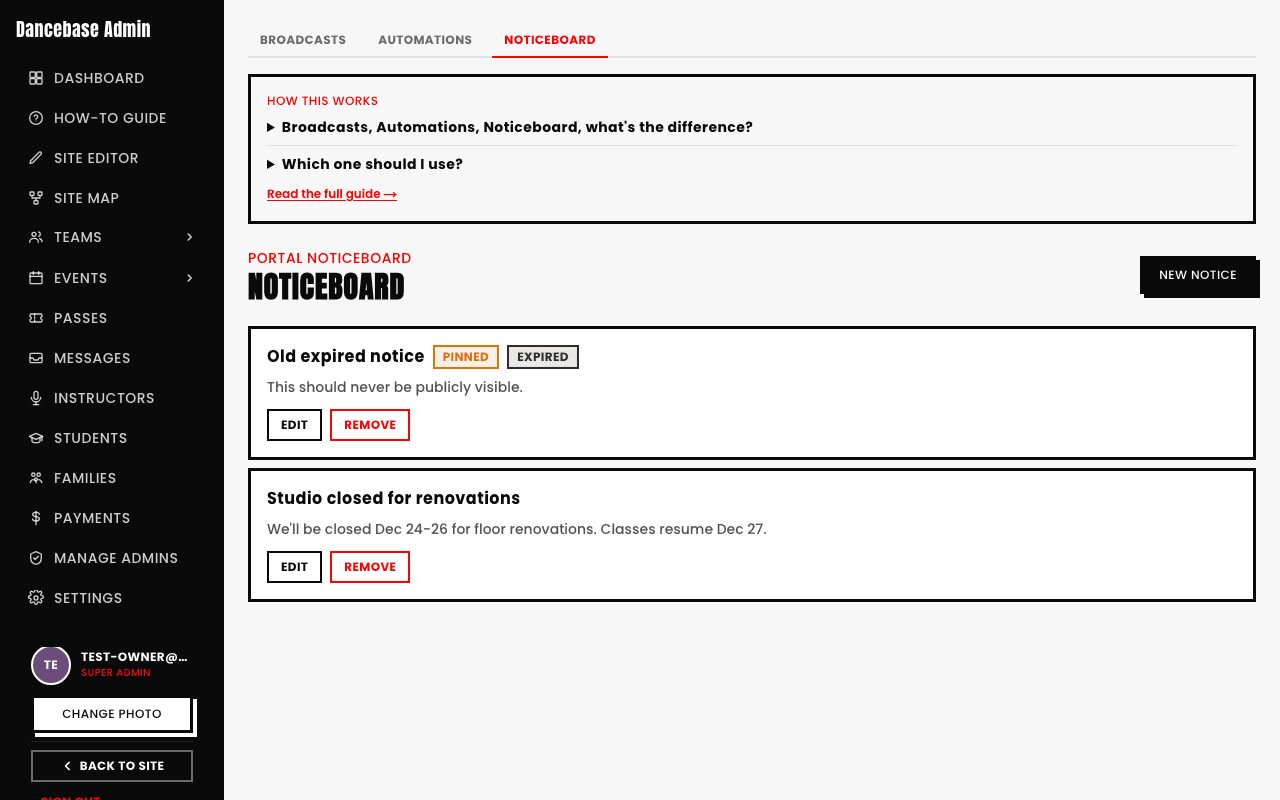 The Noticeboard page with two real notices: 'Old expired notice' tagged Pinned and Expired, and 'Studio closed for renovations', each with Edit and Remove buttons