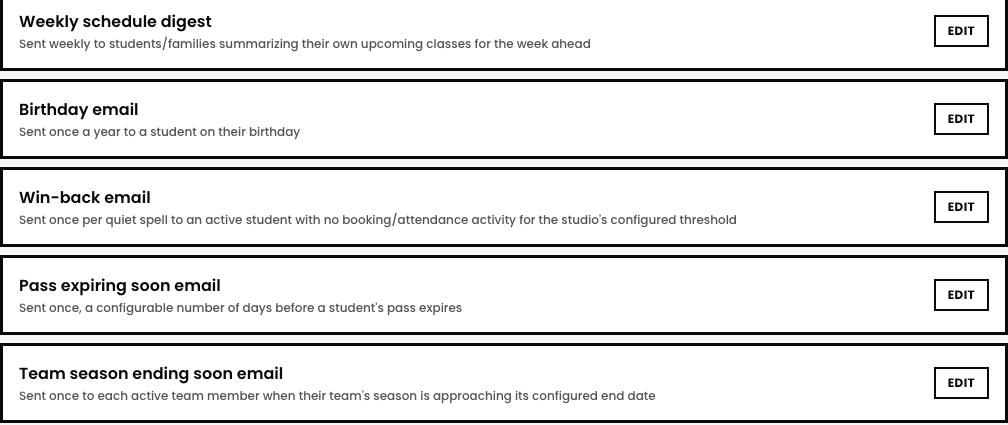 Further down the Automations list: Weekly schedule digest, Birthday email, Win-back email, Pass expiring soon email, and Team season ending soon email
