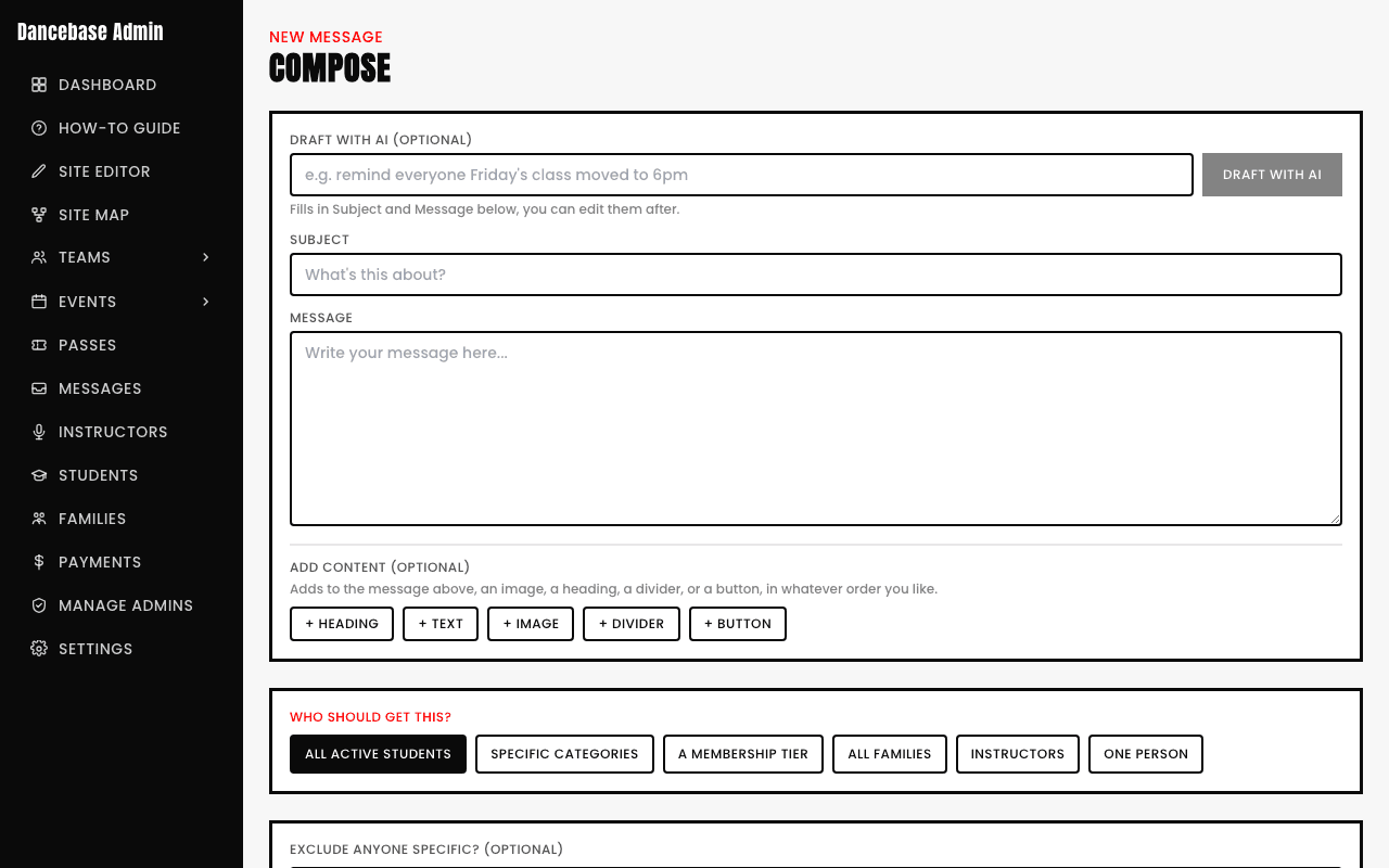 The New Message compose screen's 'Who should get this?' section, showing six real audience buttons: All Active Students, Specific Categories, A Membership Tier, All Families, Instructors, and One Person