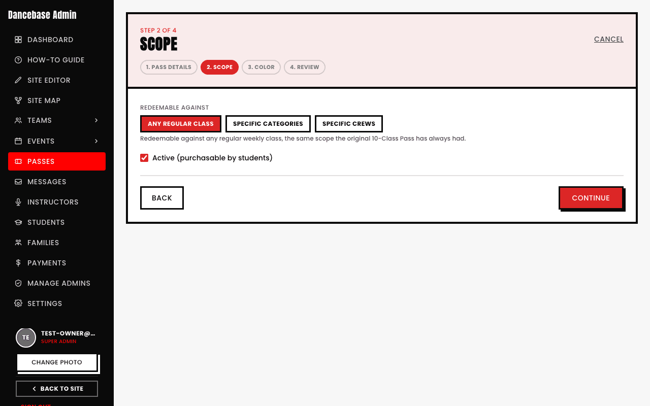 The Scope step of the pass wizard with an 'Active (purchasable by students)' checkbox checked