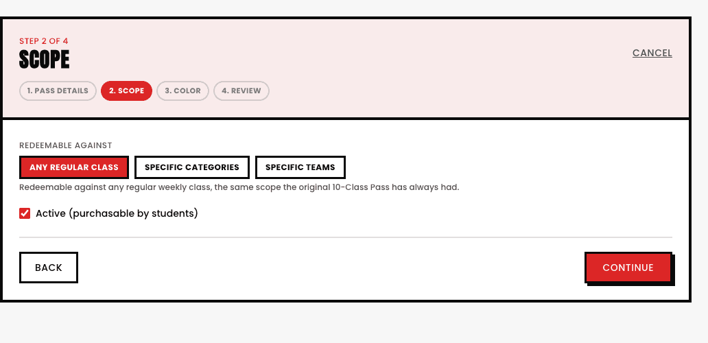 Step 2 of 4 of the New Pass wizard, Scope, with three options: Any Regular Class (selected), Specific Categories, and Specific Teams, plus an Active checkbox