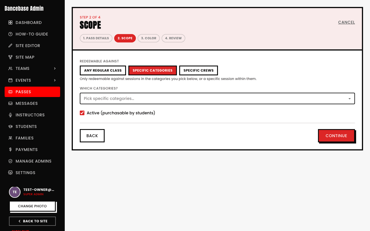 The Scope step with Specific Categories selected, showing a 'Which categories?' multi-select and the note 'Only redeemable against sessions in the categories you pick below, or a specific session within them.'