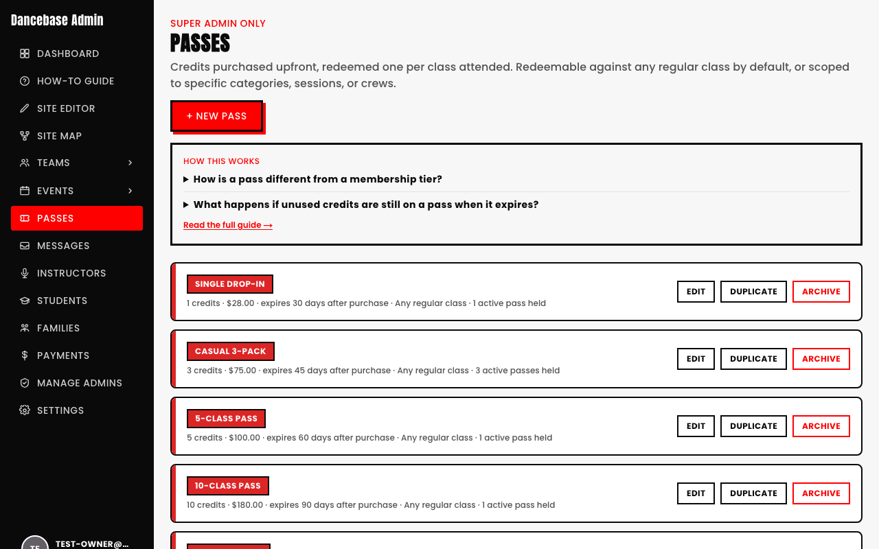 The Passes admin page listing real pass types: Single Drop-In (1 credit, $28), Casual 3-Pack (3 credits, $75), 5-Class Pass (5 credits, $100, expires 60 days after purchase), and 10-Class Pass (10 credits, $180, expires 90 days after purchase), each with Edit, Duplicate, and Archive buttons