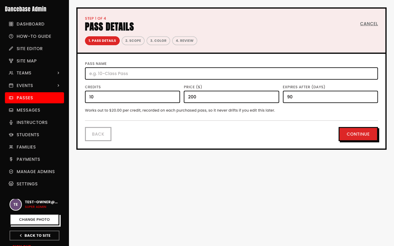 Step 1 of 4 of the New Pass wizard, Pass Details, with fields for Pass Name, Credits, Price ($), and Expires After (Days), and a note showing the calculated per-credit rate