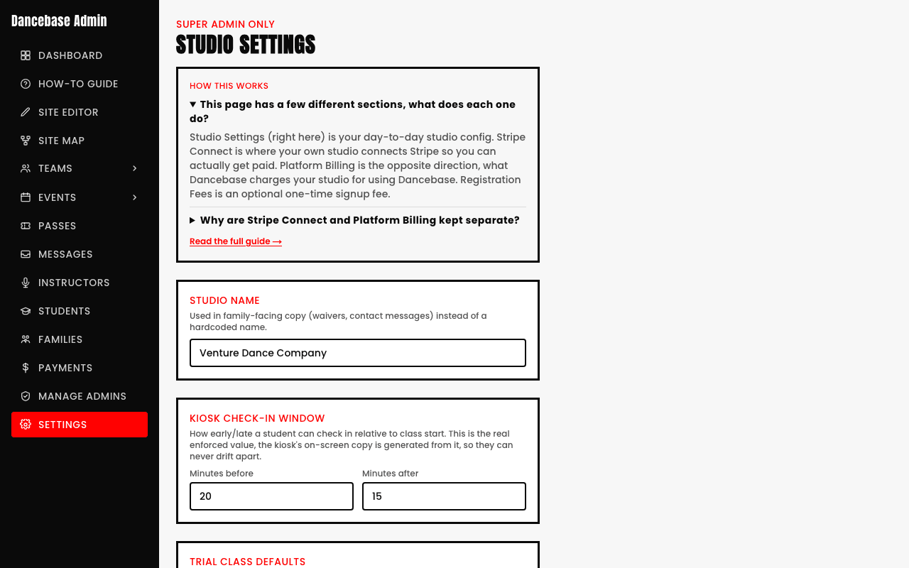Settings page's expanded 'How this works' help panel explaining that Studio Settings is day-to-day config, Stripe Connect is how the studio gets paid, Platform Billing is what Dancebase charges the studio, and Registration Fees is an optional one-time signup fee