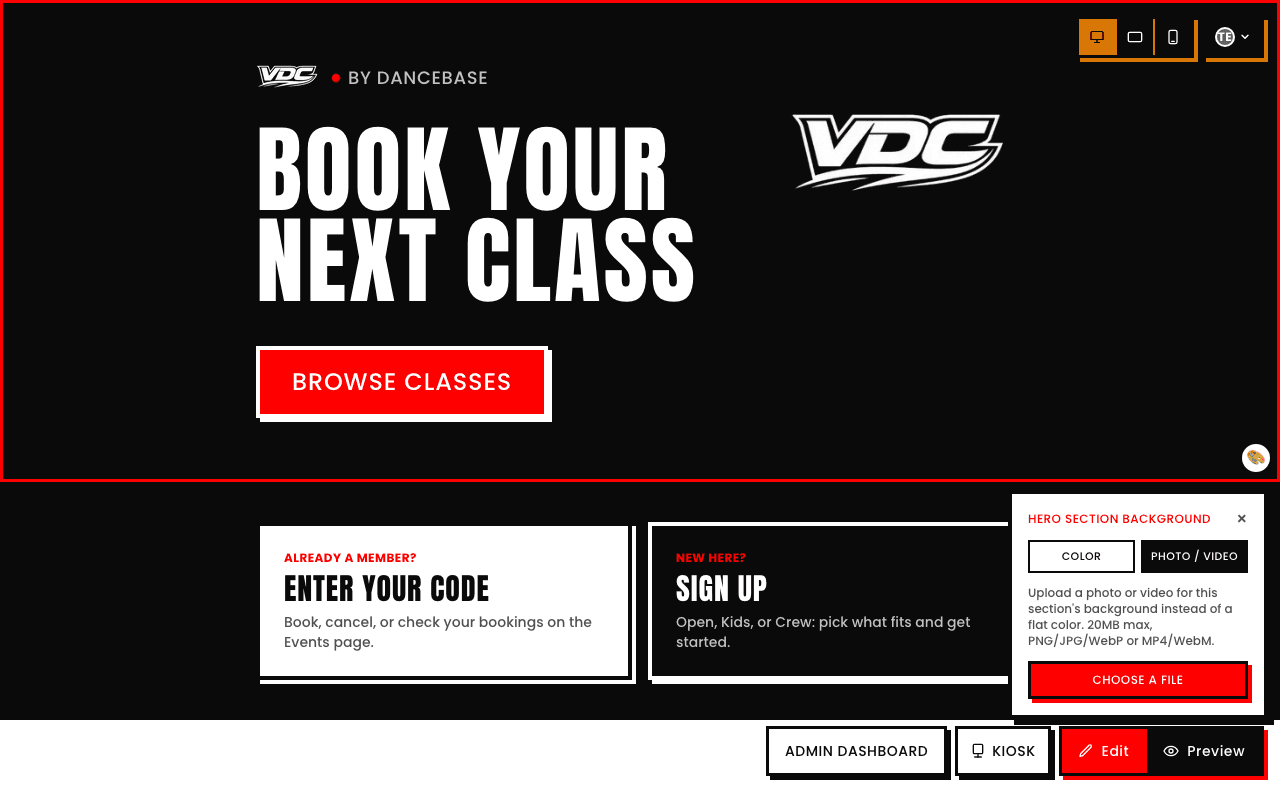 The same panel with the Photo/Video tab selected, reading 'Upload a photo or video for this section's background instead of a flat color. 20MB max, PNG/JPG/WebP or MP4/WebM.' with a Choose a File button