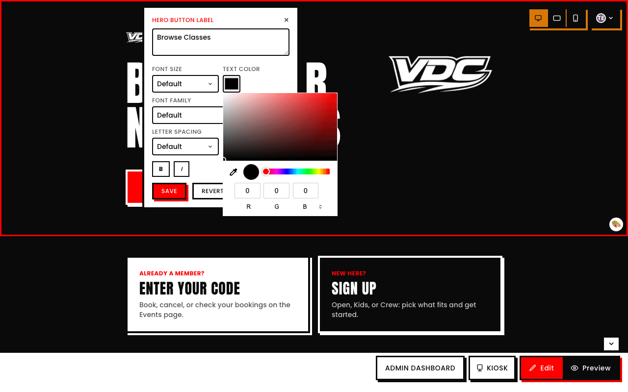 The Text Color control expanded into a full color picker: a saturation/brightness gradient, a hue slider, an eyedropper tool, and separate R/G/B numeric inputs
